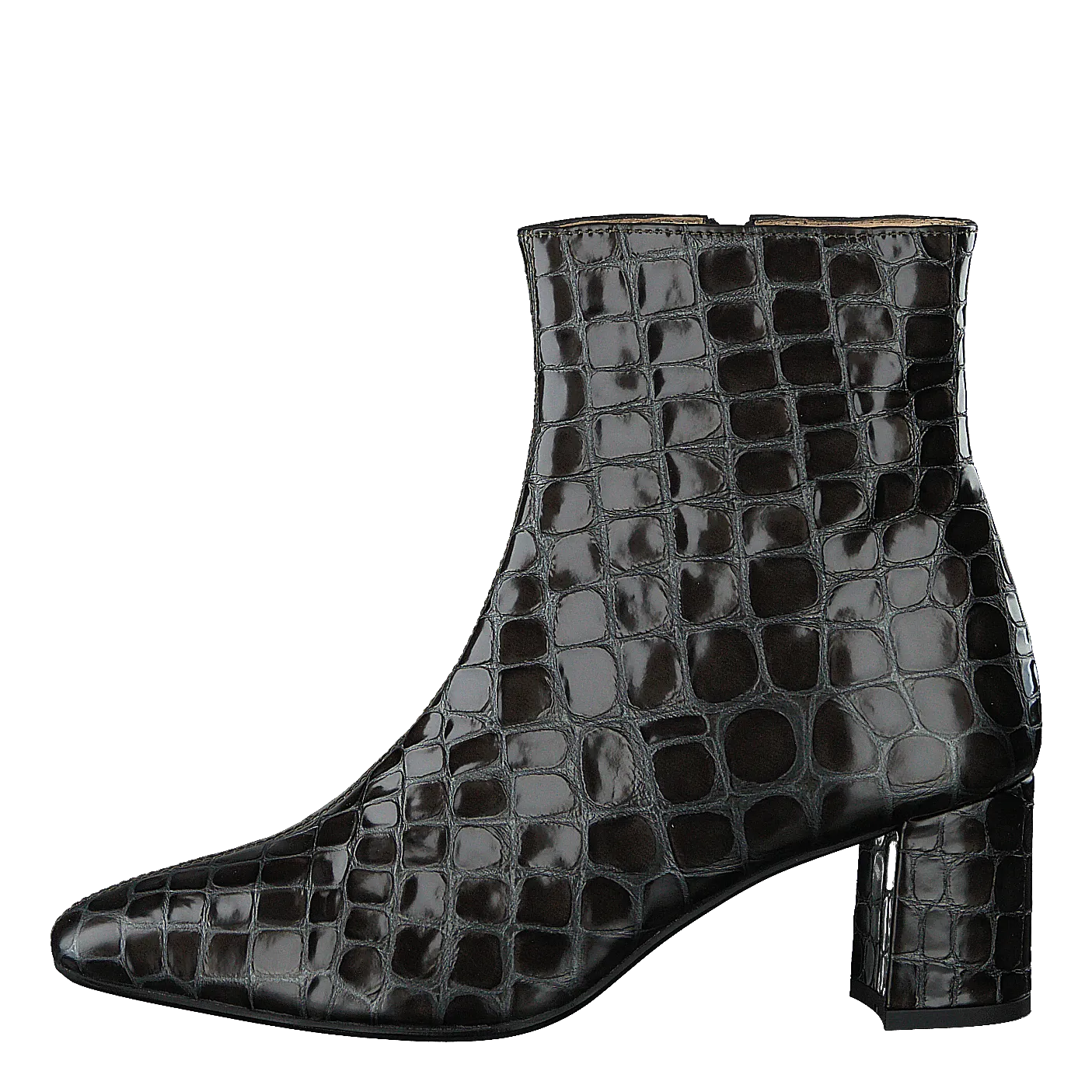 Block Heel Boot With Zipper Olive Croco