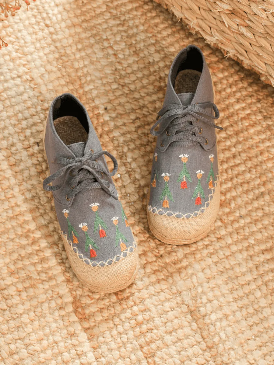 CACTUS ROSE | GREY RETRO EMBROIDERED LINEN SNEAKER