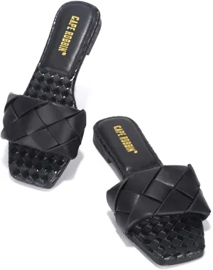 Cape Robbin Deja Woven Mules Slip On Flat Slides Sandals Black (7, Black)