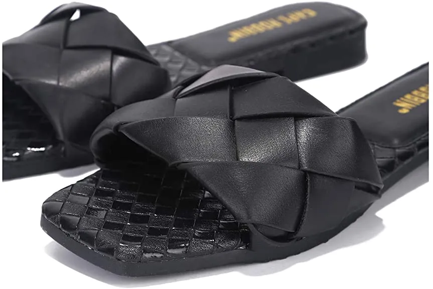 Cape Robbin Deja Woven Mules Slip On Flat Slides Sandals Black (7, Black)