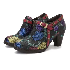 CrazycatZ Leather Pumps,Women Leather Floral Pumps Vintage Block Heel Oxford Vintage Shoes Colorful Shoes