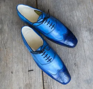 Handmade Men's Two Tone Blue Wing Tip Brogue Leather Lace Up Shoes, Men Designer Dress Formal Luxury Shoes