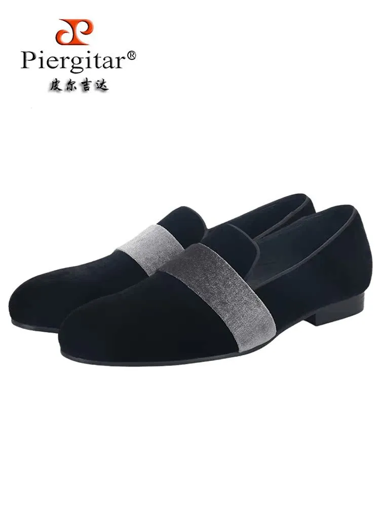 Imported black velvet spliced with gray velvet wedding banquet catwalk loafers British style elegant men's smoking shoes