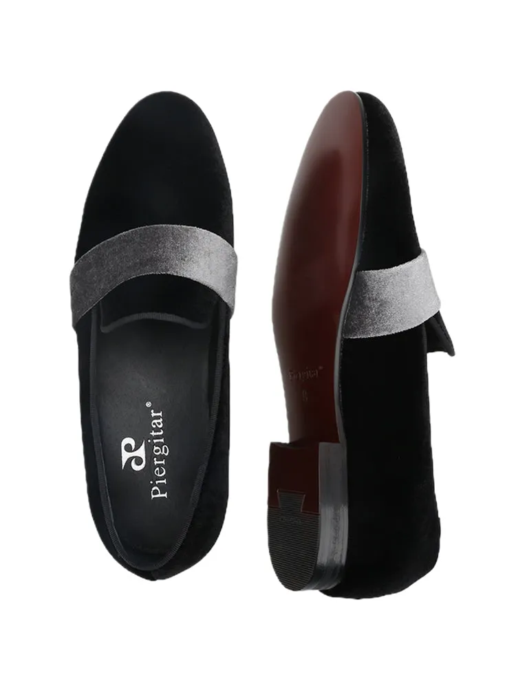 Imported black velvet spliced with gray velvet wedding banquet catwalk loafers British style elegant men's smoking shoes