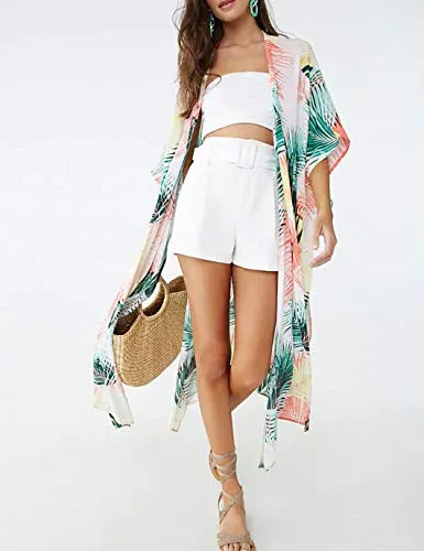 Leaf Print Kimono: Women's Half Sleeve Swimsuit Cover Up