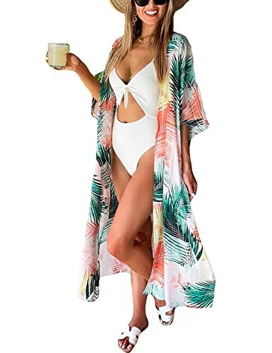 Leaf Print Kimono: Women's Half Sleeve Swimsuit Cover Up