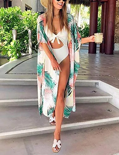 Leaf Print Kimono: Women's Half Sleeve Swimsuit Cover Up