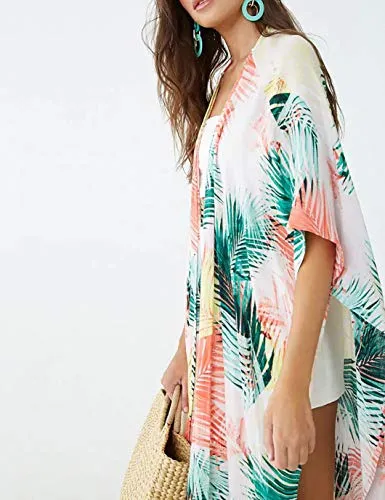Leaf Print Kimono: Women's Half Sleeve Swimsuit Cover Up