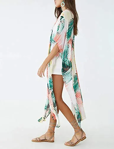 Leaf Print Kimono: Women's Half Sleeve Swimsuit Cover Up