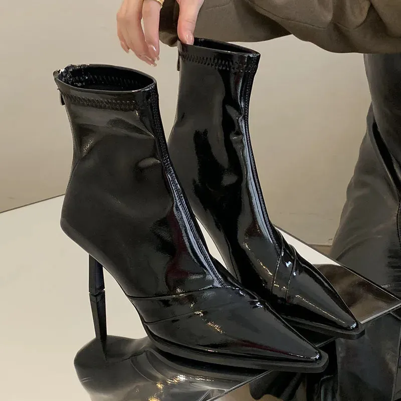 Pointed Toe Thin Heel Elastic Stretch Zippered Fashion Ankle Boot