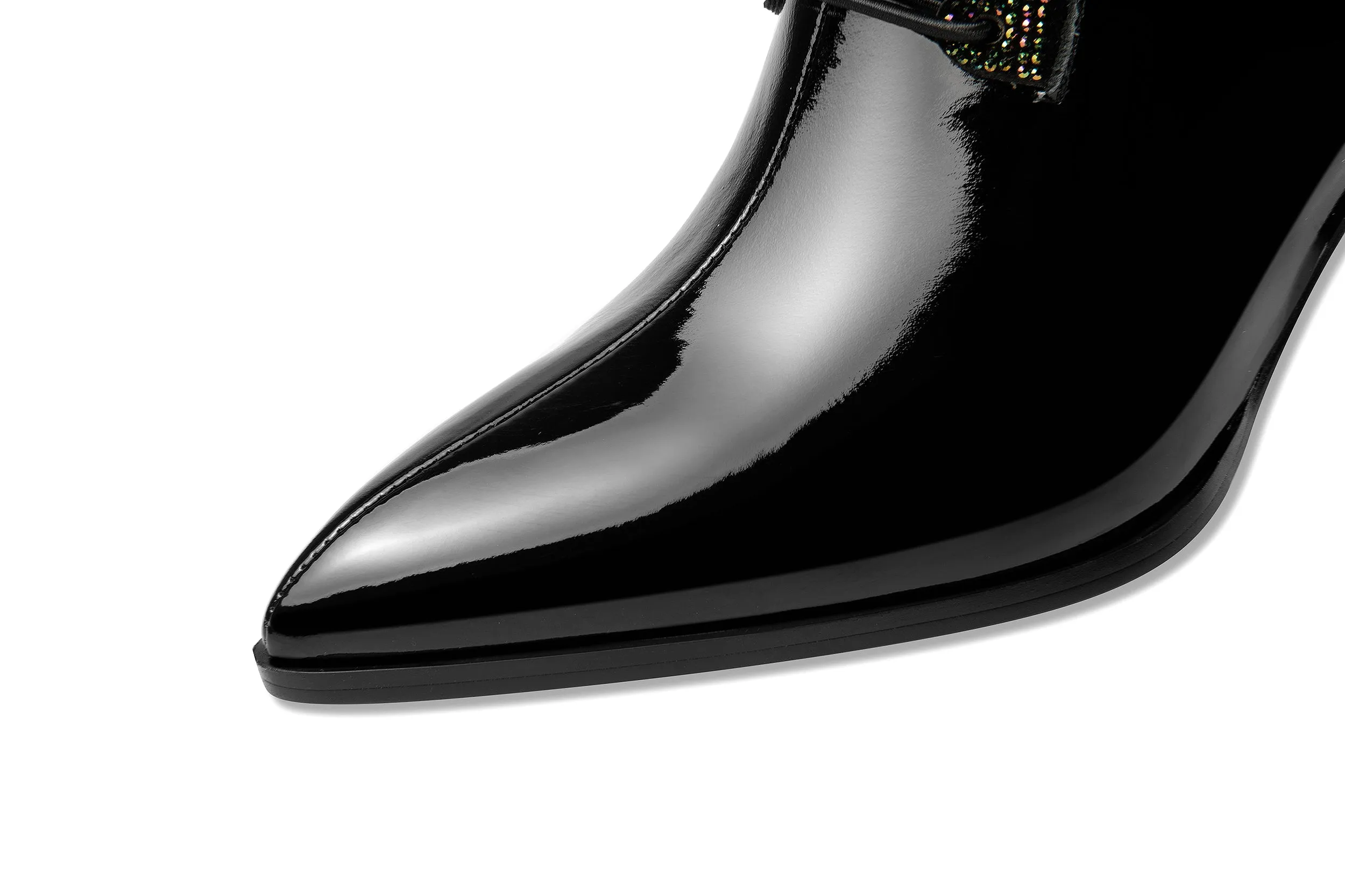 TinaCus Handmade Women's Patent Leather Rhinestones Front Lace Up Pointed Toe Mid Chunky Heel Ankle Boots