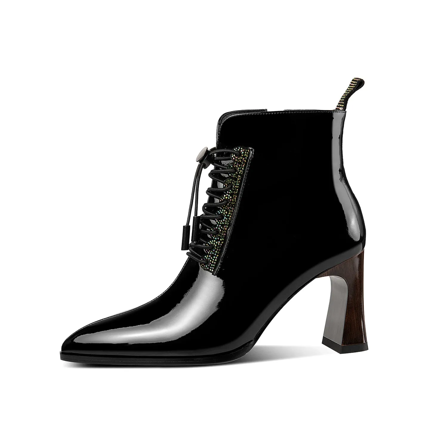 TinaCus Handmade Women's Patent Leather Rhinestones Front Lace Up Pointed Toe Mid Chunky Heel Ankle Boots