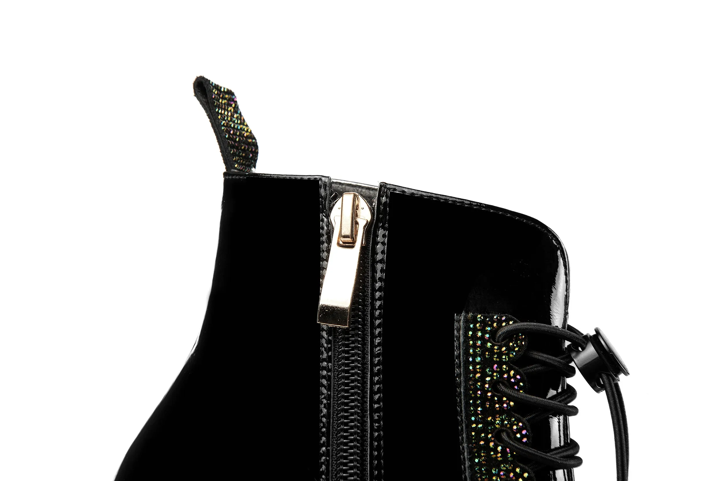 TinaCus Handmade Women's Patent Leather Rhinestones Front Lace Up Pointed Toe Mid Chunky Heel Ankle Boots