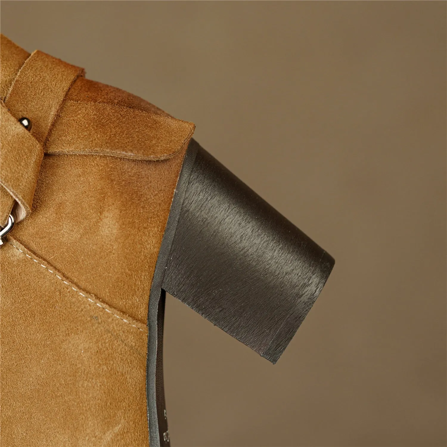 TinaCus Handmade Women's Suede Leather Metal Buckle Pointed Toe Mid Chunky Heel Side Zipper Ankle Boots