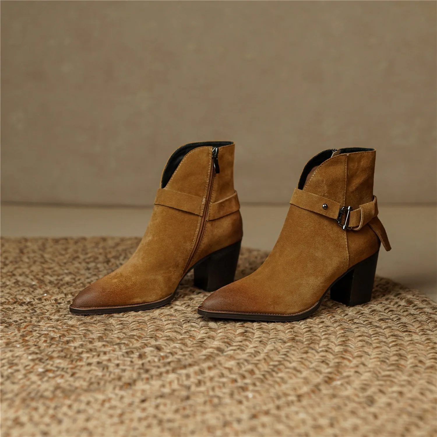 TinaCus Handmade Women's Suede Leather Metal Buckle Pointed Toe Mid Chunky Heel Side Zipper Ankle Boots