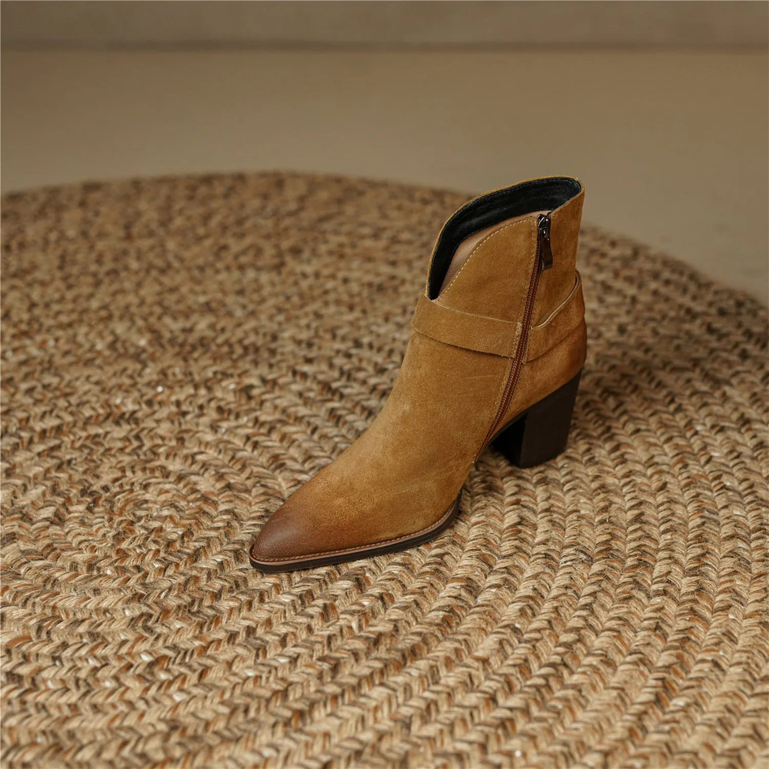 TinaCus Handmade Women's Suede Leather Metal Buckle Pointed Toe Mid Chunky Heel Side Zipper Ankle Boots