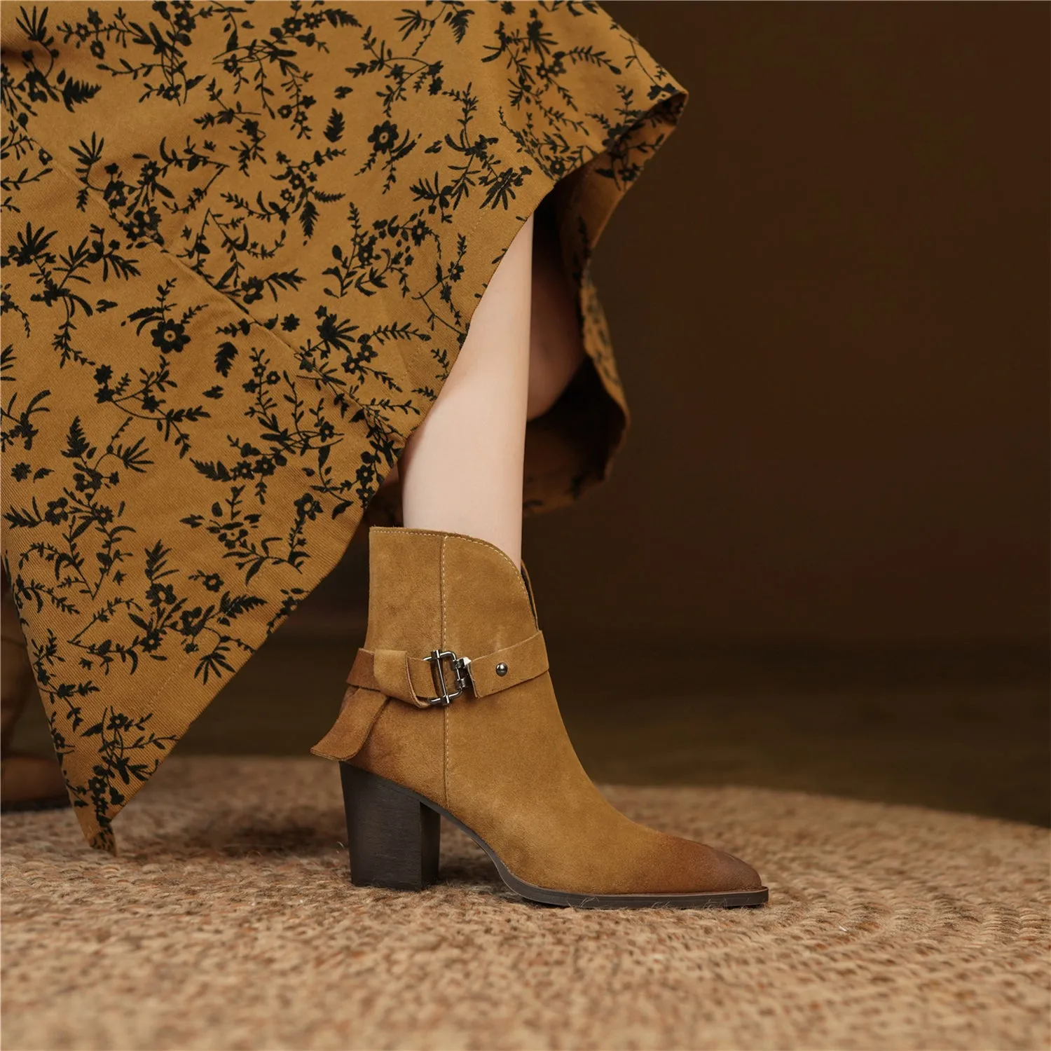 TinaCus Handmade Women's Suede Leather Metal Buckle Pointed Toe Mid Chunky Heel Side Zipper Ankle Boots