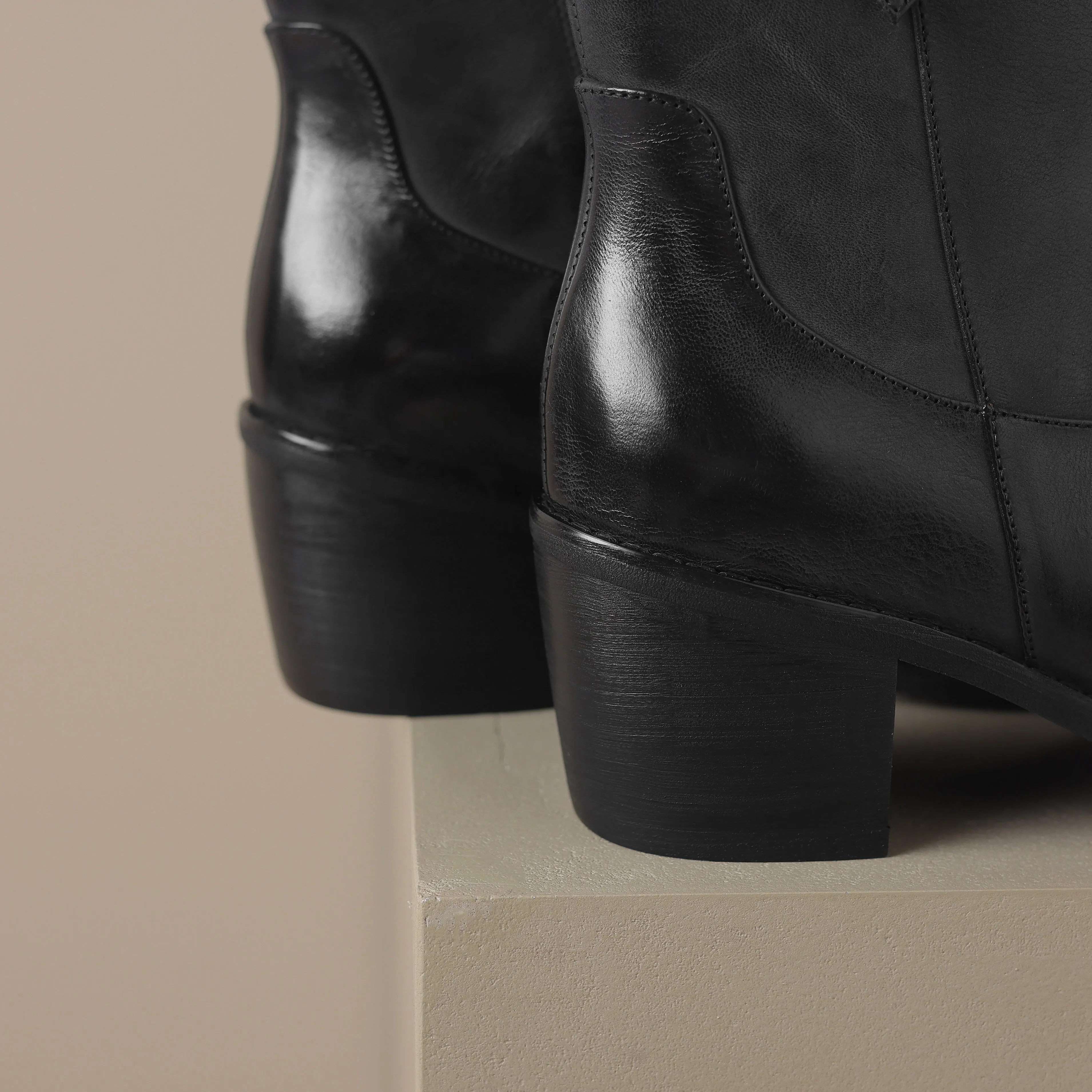 TinaCus Women's Genuine Leather Handmade Mid Heel Side Zip Up Pointed Toe Western Boots