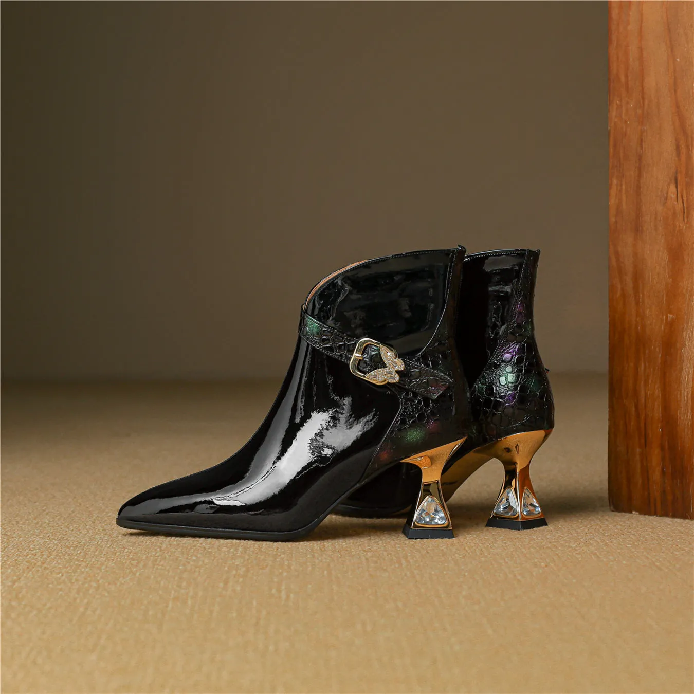 TinaCus Women's Patent Leather Rhinestone Mid Heel Handmade Side Zip Up Glitter Buckle Ankle Boots