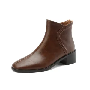 TinaCus Women's Square Toe Genuine Leather Handmade Back Zipper Low Chunky Heels Vintage Ankle Boots