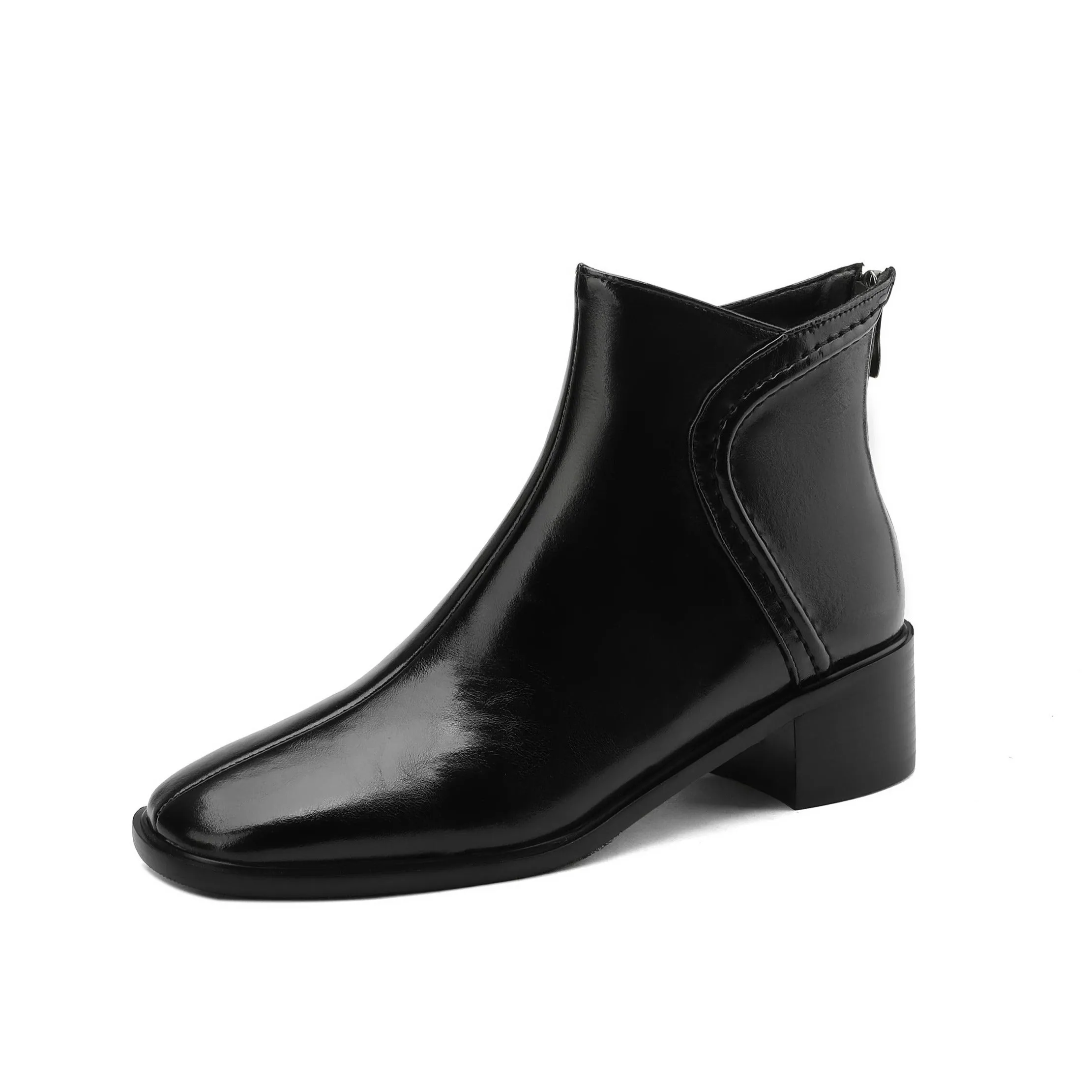 TinaCus Women's Square Toe Genuine Leather Handmade Back Zipper Low Chunky Heels Vintage Ankle Boots