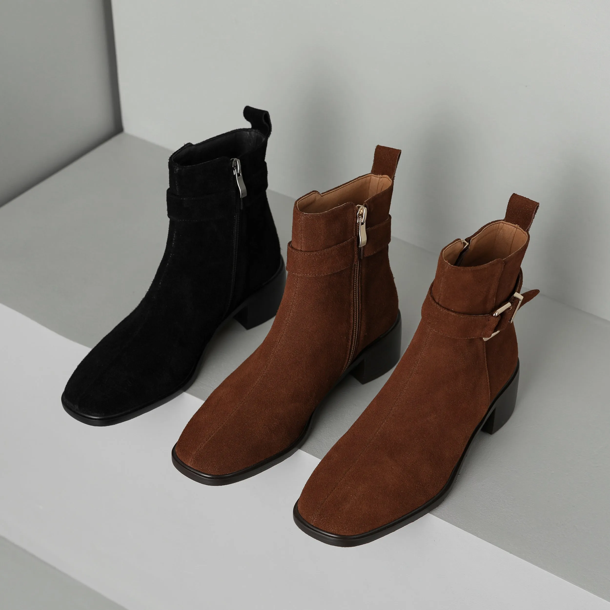 TinaCus Women's Square Toe Suede Leather Handmade Buckle Side Zip Up Ankle Boots with Chunky Heels