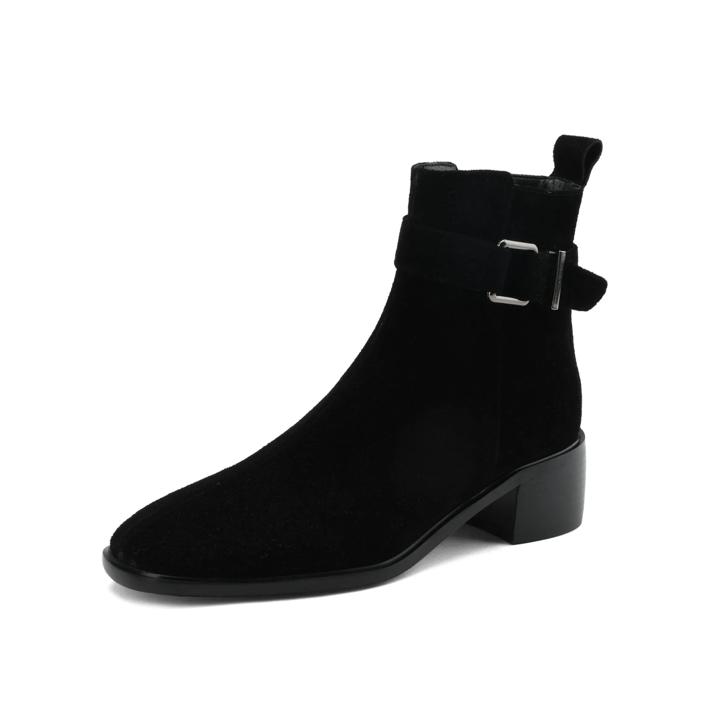 TinaCus Women's Square Toe Suede Leather Handmade Buckle Side Zip Up Ankle Boots with Chunky Heels