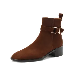 TinaCus Women's Square Toe Suede Leather Handmade Buckle Side Zip Up Ankle Boots with Chunky Heels