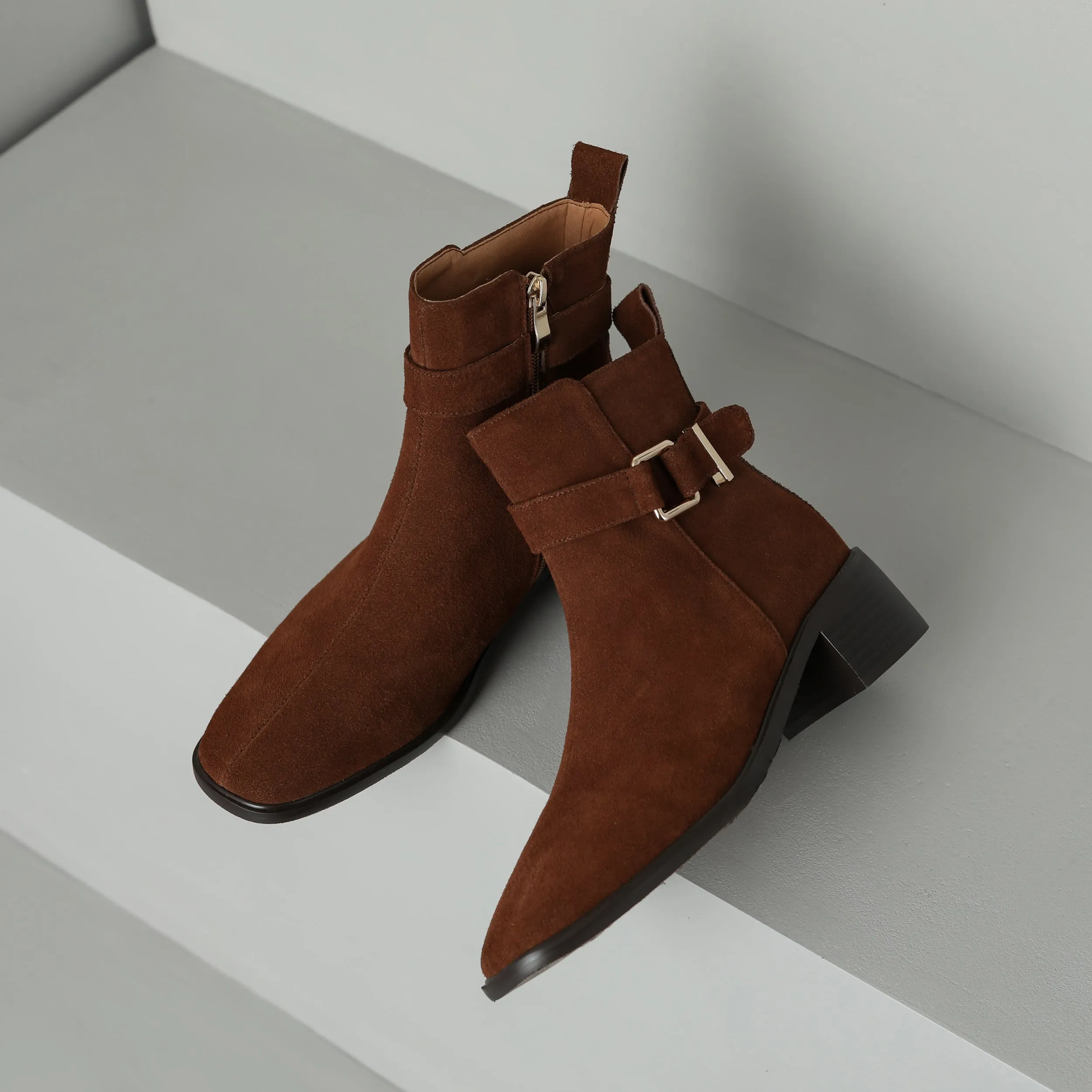 TinaCus Women's Square Toe Suede Leather Handmade Buckle Side Zip Up Ankle Boots with Chunky Heels