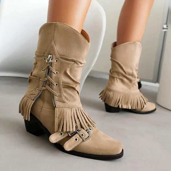 Women's Retro Thick Heel Zipper Belt Buckle Tassel Boots 68983191S