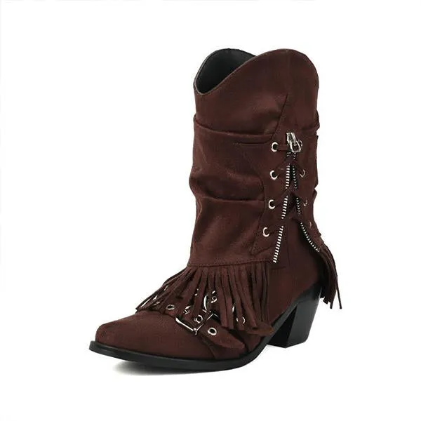 Women's Retro Thick Heel Zipper Belt Buckle Tassel Boots 68983191S