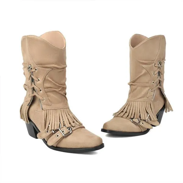 Women's Retro Thick Heel Zipper Belt Buckle Tassel Boots 68983191S