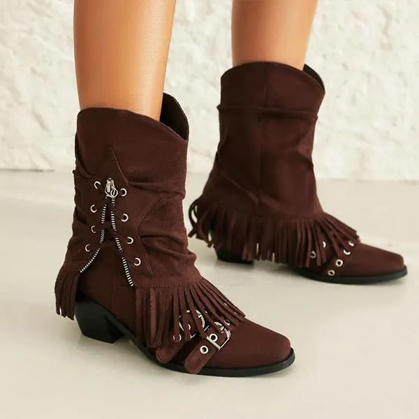 Women's Retro Thick Heel Zipper Belt Buckle Tassel Boots 68983191S