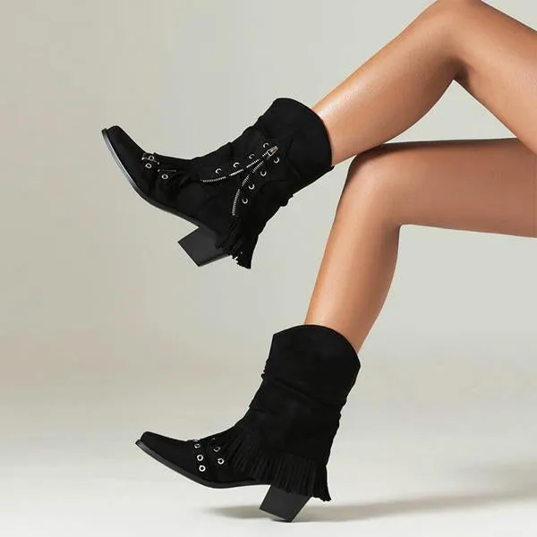 Women's Retro Thick Heel Zipper Belt Buckle Tassel Boots 68983191S