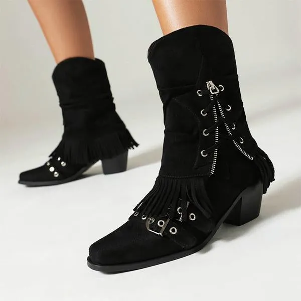 Women's Retro Thick Heel Zipper Belt Buckle Tassel Boots 68983191S