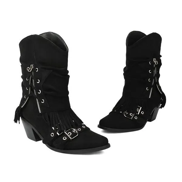 Women's Retro Thick Heel Zipper Belt Buckle Tassel Boots 68983191S