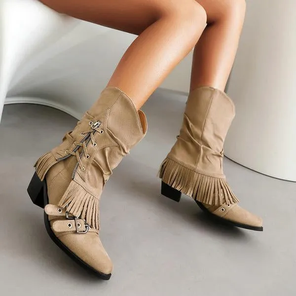 Women's Retro Thick Heel Zipper Belt Buckle Tassel Boots 68983191S