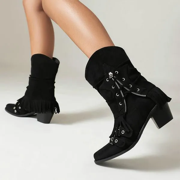 Women's Retro Thick Heel Zipper Belt Buckle Tassel Boots 68983191S