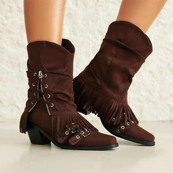 Women's Retro Thick Heel Zipper Belt Buckle Tassel Boots 68983191S