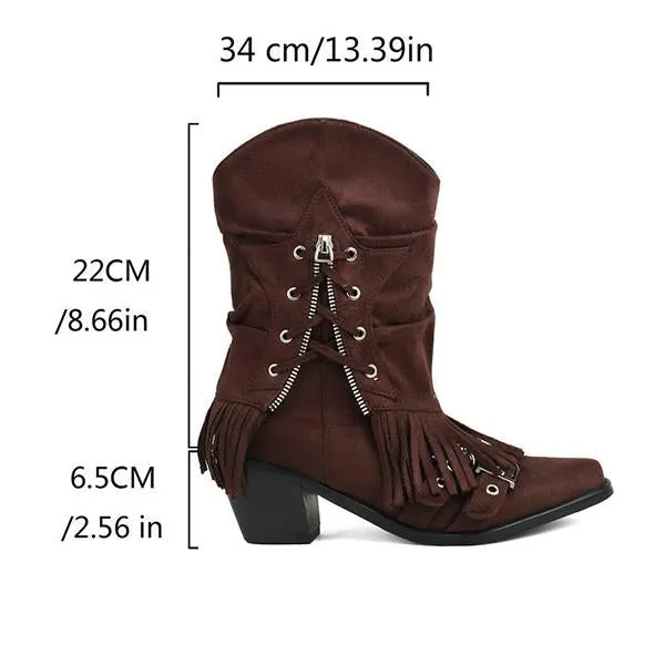Women's Retro Thick Heel Zipper Belt Buckle Tassel Boots 68983191S