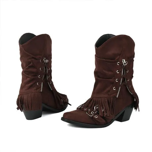 Women's Retro Thick Heel Zipper Belt Buckle Tassel Boots 68983191S